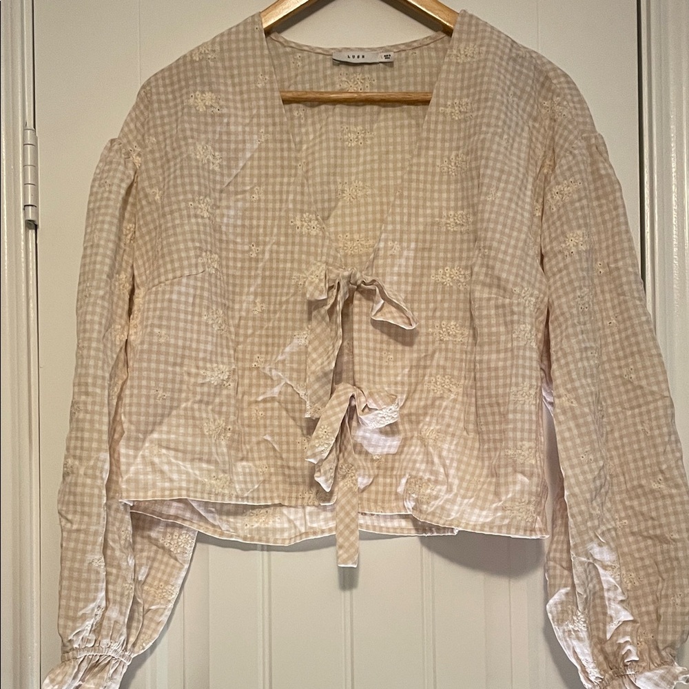 Lush Taupe Gingham Tie-Front Blouse